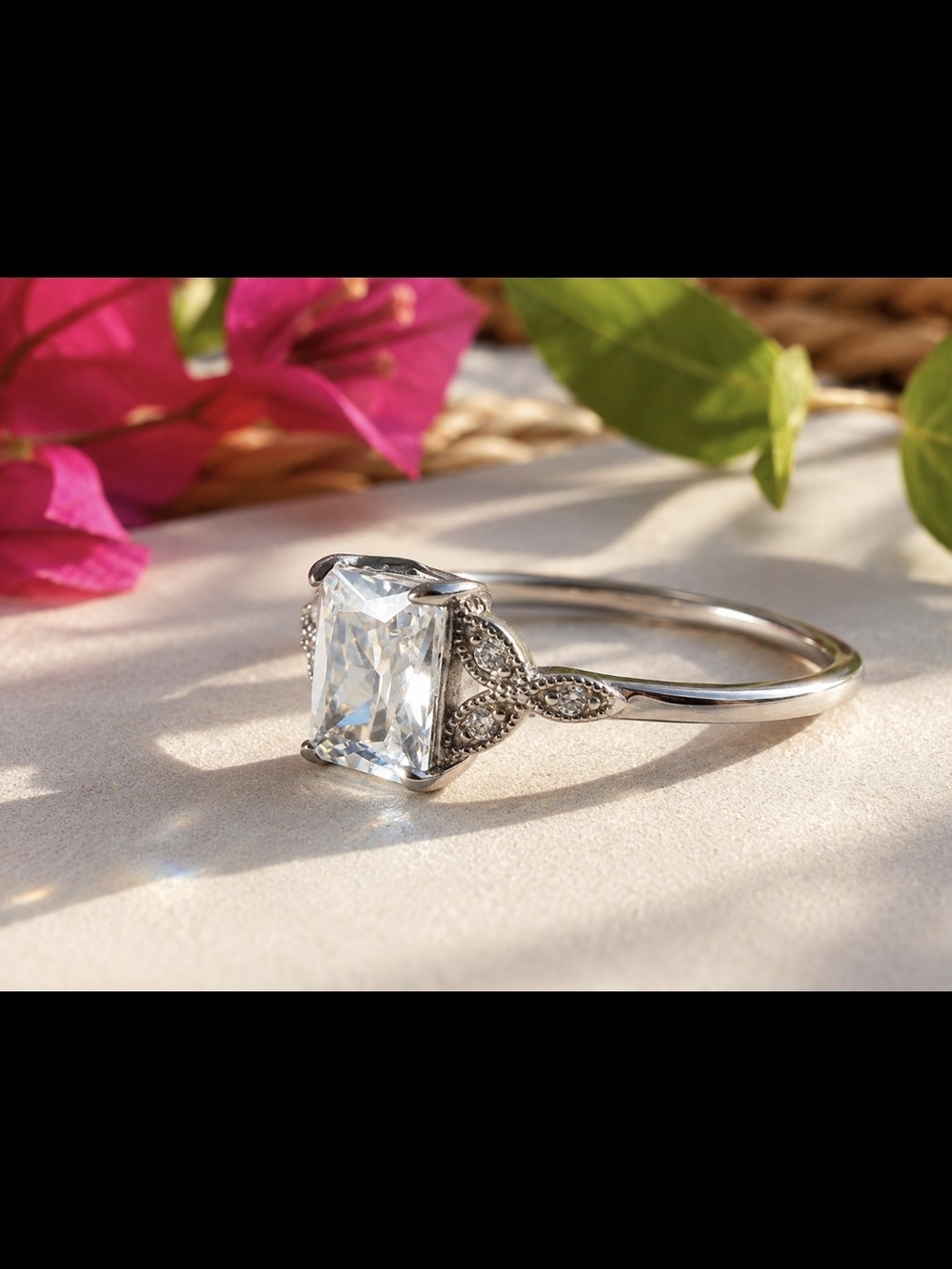 925  Sterling Silver Cushion Cut Solitaire Ring with Filigree Accents Size9